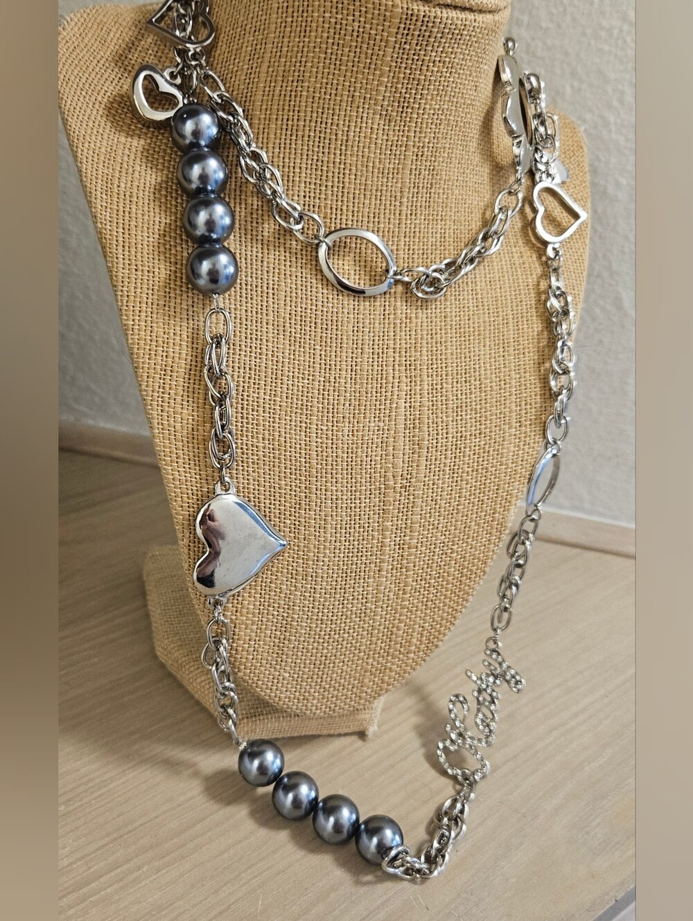 Kathy Van Zeeland Silver Tone KATHY logo Faux Pearl Hearts Long Necklace Belt